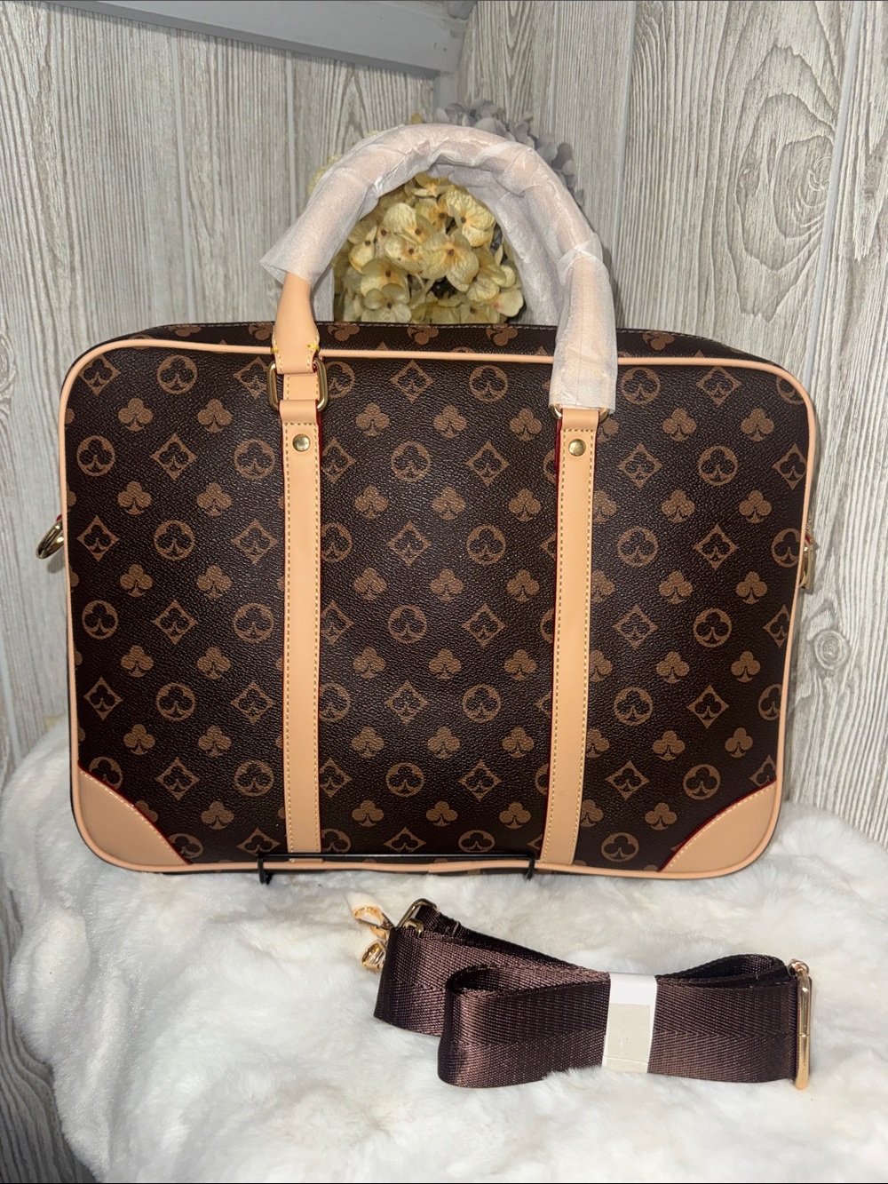 Dark Brown Monogram Laptop Briefcase with Tan Trim